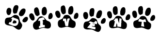 The image shows a series of animal paw prints arranged in a horizontal line. Each paw print contains a letter, and together they spell out the word Divent.