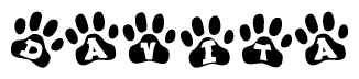 The image shows a row of animal paw prints, each containing a letter. The letters spell out the word Davita within the paw prints.