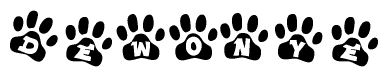 The image shows a series of animal paw prints arranged in a horizontal line. Each paw print contains a letter, and together they spell out the word Dewonye.
