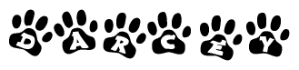 The image shows a row of animal paw prints, each containing a letter. The letters spell out the word Darcey within the paw prints.