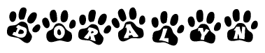 The image shows a series of animal paw prints arranged in a horizontal line. Each paw print contains a letter, and together they spell out the word Doralyn.