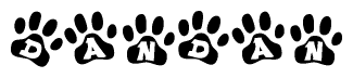 The image shows a series of animal paw prints arranged in a horizontal line. Each paw print contains a letter, and together they spell out the word Dandan.