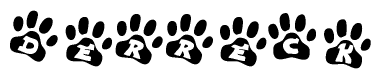 The image shows a series of animal paw prints arranged in a horizontal line. Each paw print contains a letter, and together they spell out the word Derreck.