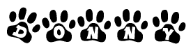 The image shows a row of animal paw prints, each containing a letter. The letters spell out the word Donny within the paw prints.