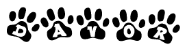 The image shows a series of animal paw prints arranged horizontally. Within each paw print, there's a letter; together they spell Davor
