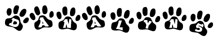 The image shows a series of animal paw prints arranged horizontally. Within each paw print, there's a letter; together they spell Danalyn5