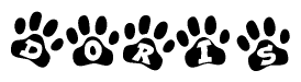 The image shows a series of animal paw prints arranged horizontally. Within each paw print, there's a letter; together they spell Doris
