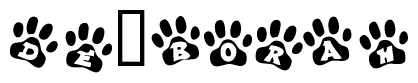 The image shows a series of animal paw prints arranged in a horizontal line. Each paw print contains a letter, and together they spell out the word De borah.