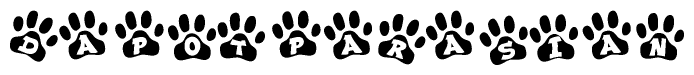 The image shows a series of animal paw prints arranged in a horizontal line. Each paw print contains a letter, and together they spell out the word Dapotparasian.