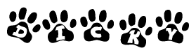The image shows a series of animal paw prints arranged horizontally. Within each paw print, there's a letter; together they spell Dicky