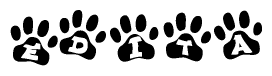 The image shows a row of animal paw prints, each containing a letter. The letters spell out the word Edita within the paw prints.