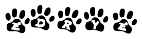 The image shows a row of animal paw prints, each containing a letter. The letters spell out the word Edrye within the paw prints.