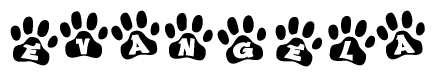 The image shows a series of animal paw prints arranged horizontally. Within each paw print, there's a letter; together they spell Evangela