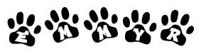 The image shows a series of animal paw prints arranged horizontally. Within each paw print, there's a letter; together they spell Emmyr
