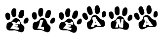 The image shows a series of animal paw prints arranged in a horizontal line. Each paw print contains a letter, and together they spell out the word Eleana.