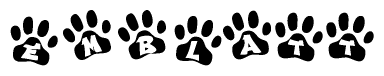 The image shows a series of animal paw prints arranged horizontally. Within each paw print, there's a letter; together they spell Emblatt