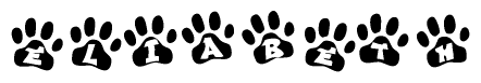 The image shows a series of animal paw prints arranged horizontally. Within each paw print, there's a letter; together they spell Eliabeth