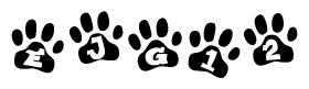 The image shows a series of animal paw prints arranged horizontally. Within each paw print, there's a letter; together they spell Ejg12
