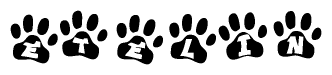 The image shows a row of animal paw prints, each containing a letter. The letters spell out the word Etelin within the paw prints.