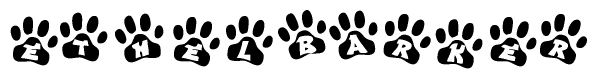 The image shows a series of animal paw prints arranged horizontally. Within each paw print, there's a letter; together they spell Ethelbarker