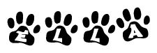The image shows a row of animal paw prints, each containing a letter. The letters spell out the word Ella within the paw prints.