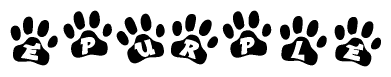 The image shows a series of animal paw prints arranged horizontally. Within each paw print, there's a letter; together they spell Epurple