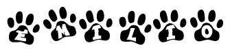 The image shows a row of animal paw prints, each containing a letter. The letters spell out the word Emilio within the paw prints.