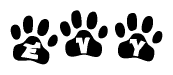 The image shows a row of animal paw prints, each containing a letter. The letters spell out the word Evy within the paw prints.