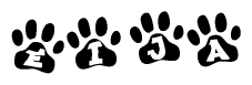 The image shows a row of animal paw prints, each containing a letter. The letters spell out the word Eija within the paw prints.