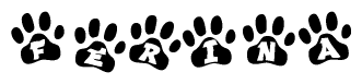 The image shows a series of animal paw prints arranged in a horizontal line. Each paw print contains a letter, and together they spell out the word Ferina.
