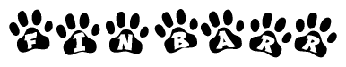 The image shows a series of animal paw prints arranged in a horizontal line. Each paw print contains a letter, and together they spell out the word Finbarr.