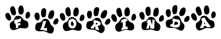 The image shows a row of animal paw prints, each containing a letter. The letters spell out the word Florinda within the paw prints.