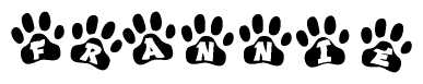 The image shows a row of animal paw prints, each containing a letter. The letters spell out the word Frannie within the paw prints.