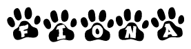 The image shows a series of animal paw prints arranged in a horizontal line. Each paw print contains a letter, and together they spell out the word Fiona.