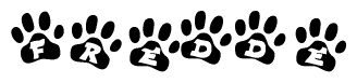 The image shows a row of animal paw prints, each containing a letter. The letters spell out the word Fredde within the paw prints.