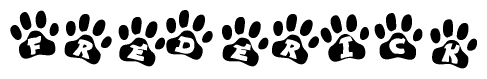 The image shows a row of animal paw prints, each containing a letter. The letters spell out the word Frederick within the paw prints.