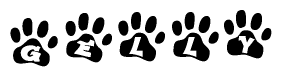 The image shows a row of animal paw prints, each containing a letter. The letters spell out the word Gelly within the paw prints.