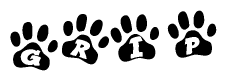 The image shows a series of animal paw prints arranged in a horizontal line. Each paw print contains a letter, and together they spell out the word Grip.