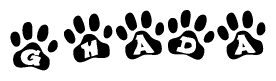 The image shows a series of animal paw prints arranged in a horizontal line. Each paw print contains a letter, and together they spell out the word Ghada.