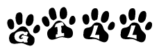 The image shows a row of animal paw prints, each containing a letter. The letters spell out the word Gill within the paw prints.