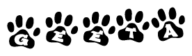 The image shows a series of animal paw prints arranged in a horizontal line. Each paw print contains a letter, and together they spell out the word Geeta.