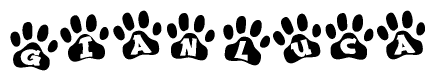 The image shows a row of animal paw prints, each containing a letter. The letters spell out the word Gianluca within the paw prints.