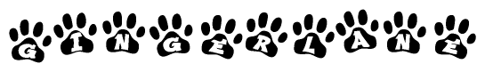 The image shows a series of animal paw prints arranged horizontally. Within each paw print, there's a letter; together they spell Gingerlane