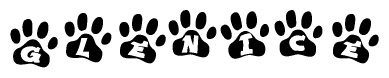 The image shows a series of animal paw prints arranged horizontally. Within each paw print, there's a letter; together they spell Glenice
