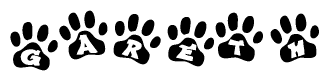 The image shows a series of animal paw prints arranged in a horizontal line. Each paw print contains a letter, and together they spell out the word Gareth.