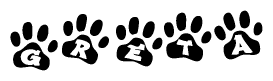 The image shows a row of animal paw prints, each containing a letter. The letters spell out the word Greta within the paw prints.