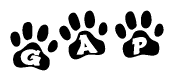 The image shows a series of animal paw prints arranged horizontally. Within each paw print, there's a letter; together they spell Gap