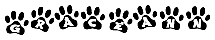 The image shows a series of animal paw prints arranged horizontally. Within each paw print, there's a letter; together they spell Graceann
