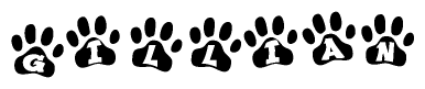 The image shows a series of animal paw prints arranged in a horizontal line. Each paw print contains a letter, and together they spell out the word Gillian.