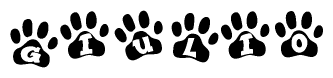 The image shows a row of animal paw prints, each containing a letter. The letters spell out the word Giulio within the paw prints.